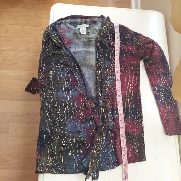 Women's Y2K Gold Textured Knit Open Front Cardigan Green Red Tie Dye Sz Medium - Picture 8 of 10